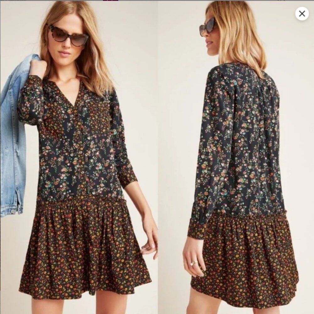 Anthropologie Maeve Marlie Floral Button Front  Drop Waist Dress SZ 8